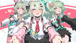  3girls @_@ absurdres angels_of_delusion aria_(zenless_zone_zero) aria_(zenless_zone_zero)_(cosplay) arm_warmers bag bandaid bandaid_hair_ornament black_bow black_choker black_skirt blush bow choker collared_shirt commentary_request corin_wickes cosplay cowboy_shot dress feibai fur-trimmed_skirt fur-trimmed_sleeves fur_trim green_bow green_eyes green_hair hair_between_eyes hair_bow hair_ornament highres honkai:_star_rail honkai_(series) huohuo_(honkai:_star_rail) long_hair looking_at_viewer maid_headdress multiple_girls multiple_hair_clips nangong_yu nangong_yu_(cosplay) necktie pink_arm_warmers pink_bag ponytail red_necktie shirt skirt striped_arm_warmers sunna_(zenless_zone_zero) sweatdrop violet_eyes wavy_mouth white_dress white_shirt zenless_zone_zero 
