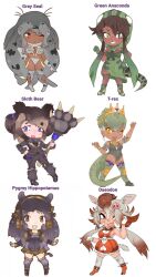  6+girls :d animal_ears animal_print anklet arm_at_side arm_up armpits arms_at_sides asymmetrical_hair bare_shoulders bear_ears bear_girl bear_tail belt bikini bracelet breasts brown_eyes brown_hair brown_thighhighs character_name chibi chibi_only closed_mouth contrapposto crown dark-skinned_female dark_skin detached_hood detached_sleeves dinosaur_girl dinosaur_tail dress earrings elbow_gloves fake_tail fang full_body fur_leg_warmers gloves gradient_hair green_eyes green_hair green_lips grey_background grey_hair greyscale grin hair_ornament hair_over_one_eye hand_on_own_hip hand_up high_heels highres hippopotamus hippopotamus_ears holding holding_polearm holding_sword holding_weapon hood hood_up horizontal_pupils jacket jewelry kemono_friends knee_pads leg_warmers legs_apart leotard lipstick long_hair long_sleeves looking_at_viewer looking_to_the_side low-cut_armhole makeup miniskirt monochrome multicolored_hair multiple_girls necktie official_style one_eye_closed one_eye_covered open_mouth original over-kneehighs paw_stick personification pig_ears pocket pointy_ears polearm print_gloves print_hood print_thighhighs purple_hippo red_eyes shoes short_hair shorts side_slit sideboob simple_background skin_fang skirt skull sleeveless sleeveless_dress slit_pupils smile snake_girl snake_hood snake_print snake_tail spiked_anklet spikes standing standing_on_one_leg swimsuit sword tail tan tareme thigh-highs tooth_earrings twintails two-tone_hair two_side_up very_dark_skin very_long_hair violet_eyes weapon white_gloves yellow_eyes zettai_ryouiki zipper zipper_pull_tab 