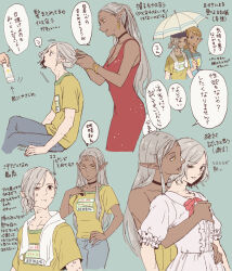  1boy 2girls bags_under_eyes cithis commentary_request contemporary crossdressing dark-skinned_female dark_elf dark_skin dress dungeon_meshi elf facial_mark forehead_mark highres jack_(haist) lazy_eye mithrun multiple_girls notched_ear pattadol pointy_ears red_dress shirt t-shirt uneven_eyes 