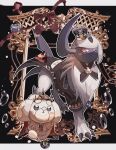  absol black_background bubble claws commentary_request crown dog fang fidough forehead_jewel gem highres horns jewelry letterboxed one_eye_closed pokemon pokemon_(creature) red_eyes reo_(mmocc123) single_horn solid_circle_eyes tail tiara triangle_mouth white_fur 