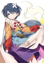  1girl bleeding blood blue_eyes blue_hair cape closed_mouth commentary_request crossed_bandaids cuts defeat dress frown hairband highres injury keiki8296 long_sleeves multicolored_dress multicolored_hairband one_eye_closed patchwork_clothes rainbow_hairband short_hair simple_background sky_print solo tenkyuu_chimata torn_cape torn_clothes torn_dress touhou white_background white_cape 