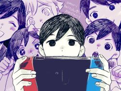  2girls 4boys :d :o ^_^ aubrey_(headspace)_(omori) aubrey_(omori) basil_(headspace)_(omori) basil_(omori) brother_and_sister brothers closed_eyes commentary_request hero_(headspace)_(omori) hero_(omori) kel_(headspace)_(omori) kel_(omori) looking_down mari_(headspace)_(omori) mari_(omori) mkam_3 multiple_boys multiple_girls nintendo_switch omori omori_(omori) purple_background release_celebration siblings smile star-shaped_pupils star_(symbol) symbol-shaped_pupils v-shaped_eyebrows 