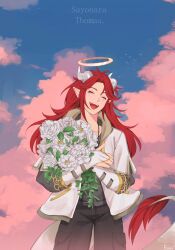  1boy absurdres black_pants black_shirt bouquet dragon_boy dragon_horns dragon_tail eastern_dragon_horns eastern_dragon_tail flower highres holding holding_bouquet horns long_hair lunibell male_focus neobaka pants pointy_ears portuguese_commentary red_hair rose shirt tail thomas_eerie vest white_flower white_horns white_rose white_vest 