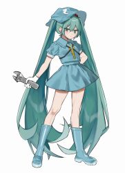  1girl blue_boots blue_eyes blue_hair blue_hat blue_shirt blue_skirt blush boots collared_shirt commentary_request cosplay full_body gloves half-closed_eyes hand_on_own_hip hat hatsune_miku highres holding holding_wrench iwakoo kawashiro_nitori kawashiro_nitori_(cosplay) key legs_apart long_hair looking_at_viewer miniskirt puffy_short_sleeves puffy_sleeves shirt short_sleeves simple_background skirt smile solo standing touhou twintails very_long_hair vocaloid white_background white_gloves wrench 