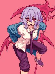  +_+ 1girl alternate_costume blue_jacket breasts chainsaw_man collared_shirt cosplay hair_between_eyes highres holding holding_scythe jacket looking_at_viewer medium_breasts medium_hair necktie open_clothes open_jacket open_mouth pants pink_background pink_wings pointy_ears power_(chainsaw_man) power_(chainsaw_man)_(cosplay) purple_hair purple_necktie purple_pants purple_shoes rampa93 red_eyes remilia_scarlet scythe shirt shoes simple_background smile solo touhou white_shirt wings 