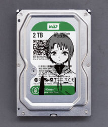  1girl closed_mouth commentary_request cropped_torso cross_hair_ornament expressionless grey_background greyscale_with_colored_background hair_ornament hard_drive highres hood hoodie iwakura_lain looking_at_viewer medium_hair panasonynet photo_background serial_experiments_lain solo straight-on 