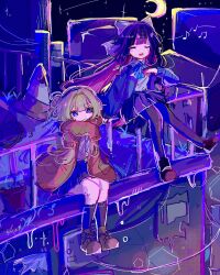  2girls alternate_costume bag black_hair black_pantyhose black_shoes black_socks blue_bow blue_bowtie blue_cardigan blue_eyes blunt_bangs bow bowtie brown_hair brown_shoes building cardigan city closed_eyes closed_mouth collared_shirt colored_inner_hair columbina_(genshin_impact) commentary_request contemporary crescent_moon crossed_arms full_body genshin_impact hair_bow head_rest highres long_hair long_sidelocks long_sleeves lua070809 moon multicolored_hair multiple_girls music musical_note night on_rooftop open_mouth outdoors pantyhose plant pleated_skirt potted_plant purple_hair purple_streaks red_cardigan sandrone_(genshin_impact) school_bag school_uniform shirt shoes short_hair_with_long_locks sidelocks signature singing sitting skirt socks star_(sky) streaked_hair traffic_cone very_long_hair white_bow white_shirt 