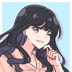  1girl akamirai black_hair earrings grin hand_on_own_chin inoue_takina jewelry long_hair looking_at_viewer lycoris_recoil one_eye_closed portrait single_earring smile violet_eyes 