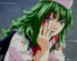  1990s_(style) 1girl blood blood_on_clothes blood_on_face blood_on_hands blue_sailor_collar green_eyes green_hair highly_responsive_to_prayers kirigoe_mima long_hair mima_(touhou) name_connection perfect_blue retro_artstyle sailor_collar solo torn_clothes touhou touhou_(pc-98) ultragruntyy white_headwear 