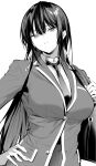  1girl breasts greyscale haitekudasai_takamine-san highres hiiragi_yuuichi long_hair monochrome school_uniform shirt skirt solo takamine_takane 