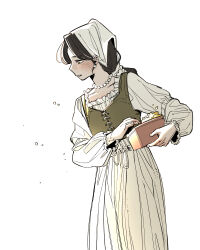  1girl absurdres black_hair blouse blush commentary_request cowboy_shot dguadraw earrings green_bodice headscarf highres holding jewelry korean_commentary long_hair long_sleeves looking_down necklace original parted_lips pearl_necklace puffy_long_sleeves puffy_sleeves shirt simple_background skirt solo standing white_background white_headscarf white_shirt white_skirt 