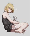  1girl absurdres asahi_breweries barefoot beer_can black_tank_top blonde_hair blue_eyes can dolphin_shorts feet grey_background highres looking_at_viewer original pink_shorts short_hair shorts smile soles solo tabao tank_top toes 