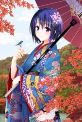  1girl animal bird blue_bird blue_eyes blue_hair blush closed_mouth flower hair_flower hair_ornament hand_up japanese_clothes kimono looking_at_viewer nekogami_(ffcreatyuuki) oil-paper_umbrella outdoors revision sairenji_haruna short_hair standing to_love-ru to_love-ru_darkness umbrella 