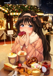  1girl :t absurdres black_hair blue_eyes blush bow brown_hair christmas christmas_lights christmas_tree city cityscape coat commentary cup doughnut eating food food_on_face fur_trim hair_bow hairband highres holding holding_food hot_chocolate kaoru_hana_wa_rin_to_saku lizziebtty long_hair long_sleeves looking_at_viewer market mole mole_under_eye night pink_bow pretzel ribbon sitting sky skyline solo_focus waguri_kaoruko 