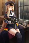  1girl absurdres armband assault_rifle black_necktie blonde_hair blue_jacket blue_skirt breasts buttons commission double-breasted enpera_(jdud8375) german_flag girls_frontline gloves green_eyes gun highres jacket looking_at_viewer military_uniform necktie pencil_skirt rifle shirt sitting skirt smile solo stg44 stg44_(girls&#039;_frontline) thighs uniform weapon white_gloves white_shirt 