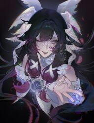  1girl bare_shoulders black_background black_hair bow bow_choker choker columbina_(genshin_impact) detached_sleeves dress fingernails flower genshin_impact hair_ornament head_wings highres holding holding_flower nail_polish one_eye_closed petals purple_hair purple_nails saii0narry short_sleeves smile solo upper_body violet_eyes white_bow white_choker white_dress wings x-shaped_eyewear x_hair_ornament 