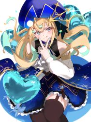  1girl :p aqua_eyes aqua_hair aqua_nails aqua_streaks balloon bare_shoulders blonde_hair blue_dress blue_hat blush brown_thighhighs closed_mouth commentary_request cross_in_eye detached_sleeves dress earrings feet_out_of_frame fingerless_gloves gloves hand_up hat heart_balloon highres jewelry large_hat long_sleeves looking_at_viewer multicolored_hair nail_polish original pointy_ears roki@ simple_background solo streaked_hair thigh-highs tongue tongue_out two-tone_hair v white_background white_sleeves 