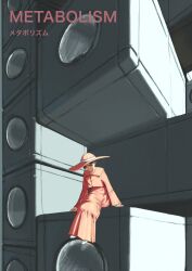  1girl architecture arm_support brown_hair coat collared_coat cropped_coat dress english_text expressionless full_body hat highres kokoshn1k long_dress long_sleeves looking_at_viewer orange_coat orange_dress orange_hat original sitting solo spot_color translation_request wide_shot 