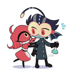 1boy 1girl :< :3 ahoge anglerfish_boy apron baxter_(hazbin_hotel) behind_another belt black_belt black_boots black_coat black_gloves black_hair boots buttons chibi chibi_only circle_facial_mark closed_mouth coat colored_sclera colored_skin commentary_request cyclops dress erlenmeyer_flask eye_contact eyes_visible_through_hair facial_mark fewer_digits fins flask flipped_hair freckles frilled_apron frills full_body gloves goggles grabbing_another's_arm grey_skin grey_streaks hair_slicked_back hazbin_hotel head_fins hellaverse high_heel_boots high_heels holding holding_flask looking_at_another looking_back looking_up maid medium_dress menma_(enaic31) multicolored_hair niffty_(hazbin_hotel) notice_lines one-eyed puffy_short_sleeves puffy_sleeves red-framed_eyewear red_dress red_eyes red_hair red_sclera round_eyewear shadow short_hair short_sleeves signature simple_background smile standing standing_on_one_leg streaked_hair tareme tinted_eyewear two-tone_hair very_short_hair white_apron white_background white_skin yellow-tinted_eyewear yellow_eyes 