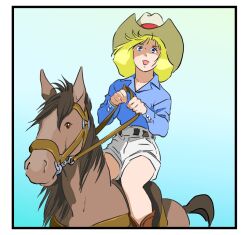  1girl animal animal_ears artesia_som_deikun blonde_hair blue_background blue_eyes blue_shirt boots gundam hat horse horse_ears horse_tail horseback_riding kazami_ryoma long_sleeves mobile_suit_gundam mobile_suit_gundam_the_origin reins riding saddle sayla_mass shirt shorts simple_background smile tail white_hat 