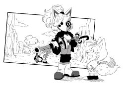  1girl 2boys animal_ears animal_nose ashofourtime boots breasts cliff closed_eyes dragon_ball dragon_ball_(classic) fox_boy fox_ears fox_tail full_body furry furry_female furry_male gloves gun highres mask multiple_boys multiple_tails open_mouth parody ponytail rifle robot rock shoes smile smoke sonic_(series) sonic_the_hedgehog sonic_the_hedgehog_(idw) standing style_parody sunken_eyes sweatdrop tail tails_(sonic) toriyama_akira_(style) two_tails weapon whisper_the_wolf white_gloves wolf_ears wolf_girl 