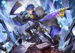  1boy alternate_costume astel_leda black_pants blonde_streaks blue_gloves blue_hair cape commentary_request concert copyright_notice epaulettes fangs full_body fur-trimmed_cape fur_trim gloves glowstick green_eyes holding holding_microphone holostars light_particles long_sleeves male_focus microphone microphone_stand multicolored_hair nakamura_eight official_art open_mouth pants penlight_(glowstick) rubble single_epaulette speaker streaked_hair two-sided_cape two-sided_fabric virtual_youtuber 