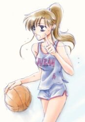  1girl basketball basketball_uniform bishoujo_senshi_sailor_moon index_finger_raised kino_makoto looking_to_the_side lowres playing_sports ponytail simple_background solo sportswear sweat takano_saku 