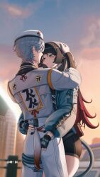  1boy 1girl a_zhen absurdres animal_ears black_hair blue_eyes commentary_request gloves grey_hair hat highres jane_doe_(zenless_zone_zero) long_hair mouse_ears mouse_girl mouse_tail multicolored_hair tail tail_around_another's_leg tail_wrap wise_(soaring_crane)_(zenless_zone_zero) wise_(zenless_zone_zero) zenless_zone_zero 