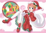  1girl absurdres bell blue_eyes boots christmas doki_doki_literature_club dress frilled_dress frills gloves hat highres holding holding_sack jingle_bell looking_at_viewer open_mouth redhead sack santa_boots santa_costume santa_dress santa_gloves santa_hat sayori_(doki_doki_literature_club) short_hair solo thigh-highs thousand_(sentyuu89) white_thighhighs 