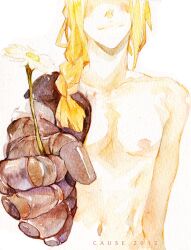  1boy 2012 abs arm_at_side automail bare_arms bare_pectorals bare_shoulders bishounen blonde_hair braid cause collarbone edward_elric flower fullmetal_alchemist giving_flower incoming_gift long_hair male_focus mechanical_arms muscular muscular_male navel neck nipples nude outstretched_arm pectorals single_mechanical_arm smile toned toned_male topless_male white_flower 