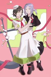  2girls anchor anchor_symbol baggy_pants belt black_hair black_shoes blue_eyes blue_hair brown_belt collared_shirt dress flower full_body gradient_background green_eyes hand_on_another's_arm hat highres kumoi_ichirin looking_at_viewer medium_hair mini_hat missing_headwear multiple_girls murasa_minamitsu neckerchief pants pink_background ponytail red_neckerchief ribbon sailor_hat shirt shoes short_hair short_sleeves simple_background socks standing string string_of_fate thursyue touhou white_dress white_hat white_pants white_shirt white_socks yuri 