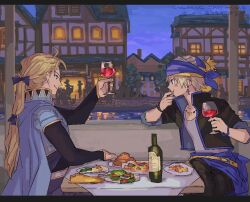  2boys 9th_ff6 alcohol armor black_border black_jacket black_pants blonde_hair blue_armor blue_bow blue_cape border bottle bow cape commentary_request cup drinking_glass earrings eating edgar_roni_figaro final_fantasy final_fantasy_vi food grey_hair hair_bow headscarf holding holding_cup jacket jewelry locke_cole long_hair male_focus multi-tied_hair multiple_boys pants parted_bangs ponytail red_wine restaurant sash shirt short_hair shoulder_armor town upper_body waist_sash white_shirt wine wine_bottle wine_glass 