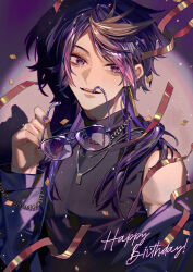  1boy ahoi bare_shoulders black_sweater commentary_request english_commentary happy_birthday highres holding holding_removed_eyewear jacket long_hair male_focus mixed-language_commentary nijisanji nijisanji_en off_shoulder open_clothes open_jacket open_mouth parted_bangs pink_eyes purple_hair purple_jacket shu_yamino sleeveless sleeveless_sweater sleeveless_turtleneck solo sunglasses sweater turtleneck turtleneck_sweater unworn_eyewear upper_body virtual_youtuber 