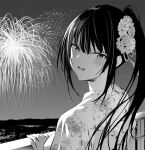  1girl back fireworks greyscale haitekudasai_takamine-san hiiragi_yuuichi japanese_clothes kimono long_hair looking_back monochrome original ponytail solo takamine_takane 