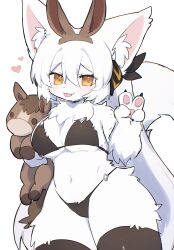  1girl animal_ears animal_hands bikini black_bikini black_thighhighs body_fur breasts fox_ears fox_girl furry furry_female highres holding holding_stuffed_toy large_breasts long_hair looking_at_viewer navel original pawpads pemi_(spommmm) simple_background solo stuffed_toy swimsuit tail thigh-highs tongue tongue_out v white_background white_fur white_hair 
