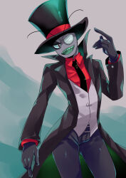  1boy aoinunu_(kamutomushi) black_coat black_hat black_hat_(villainous) black_necktie buttons coat collared_shirt colored_skin colored_teeth colored_tongue cowboy_shot green_teeth green_tongue grey_skin grey_vest hand_up hat highres looking_at_viewer male_focus monocle necktie open_clothes open_coat open_mouth red_eyes red_shirt sharp_teeth shirt solo standing teeth top_hat vest villainous 