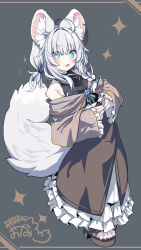  1girl :d ahoge animal_ear_fluff animal_ears black_shirt blue_eyes blush brown_sandals brown_skirt commission daidai_ookami frilled_skirt frilled_sleeves frills furry furry_female grey_background grey_hair grey_jacket hair_intakes highres jacket long_sleeves off_shoulder original sandals shirt signature skeb_commission skirt sleeveless sleeveless_shirt smile solo sparkle tail wide_sleeves 