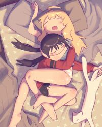  2girls artist_name black_hair black_shorts blanket blonde_hair blue_shirt chito_(shoujo_shuumatsu_ryokou) closed_eyes commentary cuddling drooling english_commentary futon highres holding_another's_waist indoors interlocked_legs kurohanenone low_twintails multiple_girls nuko_(shoujo_shuumatsu_ryokou) open_mouth orange_theme red_sweater shirt shorts shoujo_shuumatsu_ryokou sleeping sleeping_animal sweater twintails underwear white_fur yuuri_(shoujo_shuumatsu_ryokou) 