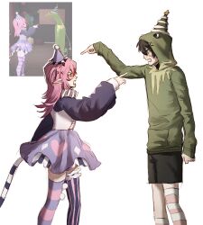  1boy 1girl anger_vein angry arguing asymmetrical_legwear bags_under_eyes black_shorts black_streaks blush camila_(vtuber) character_hood christmas_tree clenched_hand derivative_work dgucedunno diamond_print english_commentary flipped_hair frilled_thigh_strap from_side green_hoodie hair_between_eyes hat heart heart_print highres hood hood_up hoodie indie_virtual_youtuber kermit_the_frog long_hair long_sleeves looking_at_another mini_party_hat mismatched_thighhighs multicolored_hair muppets neck_ruff open_mouth party_hat pink_hair pink_socks pink_thighhighs pocket pointing pointing_at_another pointy_ears pom_pom_(clothes) profile puffy_long_sleeves puffy_sleeves purple_hat purple_skirt purple_thighhighs reference_inset screenshot_redraw shorts simple_background skirt sleeves_past_wrists socks standing streaked_hair striped_clothes striped_socks striped_tail striped_thighhighs tail thigh-highs thigh_strap two_side_up uneven_legwear v-shaped_eyebrows vedal987 vedal_ai vertical-striped_clothes vertical-striped_thighhighs virtual_youtuber vrchat white_background white_socks white_streaks 