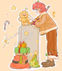  1girl blue_eyes blush_stickers box braid brown_coat brown_pants brown_shoes christmas christmas_tree coat commentary danhuangcucu gift gift_box gingerbread_man highres merry_christmas open_mouth pants ranma-chan ranma_1/2 red_hair shoes single_braid star_(symbol) 