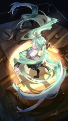  1girl absurdres commentary_request detached_sleeves from_above green_eyes green_hair hatsune_miku highres long_hair miku_day music sehir0_gurei singing sleeveless solo twintails very_long_hair vocaloid 