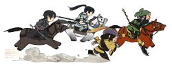  4boys armor beard black_hair black_jacket chibi chibi_only chinese_armor chinese_clothes claw_(weapon) commentary_request dust_cloud facial_hair full_body green_headband green_scarf green_tunic guan_yu_(shin_sangoku_musou) hair_between_eyes hat headband headscarf highres holding holding_polearm holding_sword holding_weapon horseback_riding jacket long_hair male_focus medium_hair multiple_boys mustache nini_tw99 polearm ponytail purple_hat riding running scarf shin_sangoku_musou shin_sangoku_musou_origins shirt short_hair shoulder_armor smile sword tunic weapon white_background yellow_shirt zhang_he_(shin_sangoku_musou) zhou_cang_(shin_sangoku_musou) ziluan_(shin_sangoku_musou) 