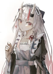  1girl absurdres apron cokei commentary_request frills hair_between_horns highres hololive horn_ornament horns long_hair long_sleeves looking_at_viewer maid_apron multicolored_hair nakiri_ayame oni red_eyes red_hair simple_background skin-covered_horns solo virtual_youtuber white_hair wide_sleeves 