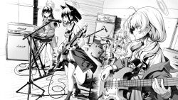  4girls absurdres airi_(band)_(blue_archive) airi_(blue_archive) animal_ears bare_legs bass_guitar black_hair blonde_hair blue_archive cable cat_ears cat_girl commentary_request drum drum_set electric_guitar guitar hair_ribbon halo highres holding holding_instrument instrument jacket kazusa_(band)_(blue_archive) kazusa_(blue_archive) long_hair mask microphone monochrome mouth_mask multiple_girls music natsu_(band)_(blue_archive) natsu_(blue_archive) open_mouth piano pinakes pink_hair playing_instrument ribbon shirt short_hair singing skirt t-shirt yoshimi_(band)_(blue_archive) yoshimi_(blue_archive) 