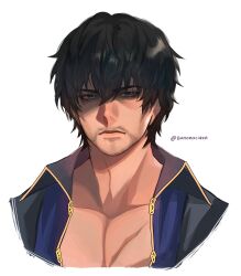  1boy absurdres banoracider bare_pectorals barnabas_tharmr black_hair blue_eyes closed_mouth collarbone collared_shirt commentary cropped_shoulders facial_hair final_fantasy final_fantasy_xvi hair_between_eyes highres looking_at_viewer male_focus open_clothes open_shirt pectorals portrait shirt short_hair simple_background solo twitter_username white_background wing_collar 