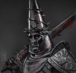  1boy 2026 armor black_gloves blasphemous blood_on_armor closed_mouth commentary_request dated gloves greyscale highres male_focus monochrome nekroticism penitent_one shoulder_armor signature solo spanish_commentary thorns 