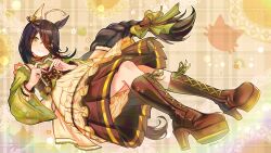  1girl ahoge animal_ears black_hair blush boots bow braid braided_ponytail brown_boots closed_mouth commentary ear_covers english_commentary four-finger_heart_hands frilled_kimono frills green_bow green_kimono hair_between_eyes hair_bow heart heart_hands highres horse_ears horse_girl horse_tail japanese_clothes kimono long_bangs long_hair long_hair_between_eyes long_sleeves looking_at_viewer maid manhattan_cafe_(umamusume) manhattan_cafe_(verdant_night)_(umamusume) mouhantain multicolored_hair official_alternate_costume official_alternate_hairstyle single_ear_cover smile solo tail umamusume wa_maid yellow_eyes 