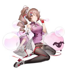  1girl absurdres animal_ears ardelia_(arknights) arknights arknights:_endfield bare_shoulders black_thighhighs blowing_bubbles brown_hair bubble_pipe detached_sleeves drill_hair drill_ponytail eyjafjalla_(arknights) fingerless_gloves gloves highres horns pink_shirt red_eyes sheep sheep_ears sheep_girl sheep_horns shirt side_ponytail simple_background soap_bubbles tayu_(tayu114514) thigh-highs white_background 