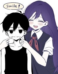  1boy 1girl antenna_hair black_eyes black_hair black_sweater_vest black_tank_top blush brother_and_sister closed_eyes collarbone collared_shirt colored_skin double-parted_bangs english_text grin hair_between_eyes highres mari_(headspace)_(omori) mari_(omori) neckerchief omori omori_(omori) open_mouth parted_lips purple_hair red_neckerchief shirt short_hair short_sleeves siblings simple_background smile speech_bubble sweater_vest tank_top teeth upper_teeth_only white_background white_shirt white_skin wktdms1 
