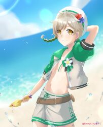  1boy blonde_hair braid clanne_(fire_emblem) clanne_(summer)_(fire_emblem) fire_emblem fire_emblem_engage fire_emblem_heroes green_hair highres holding holding_shovel kotoriya_kuguri male_focus multicolored_hair official_alternate_costume shovel single_braid solo split-color_hair yellow_eyes 